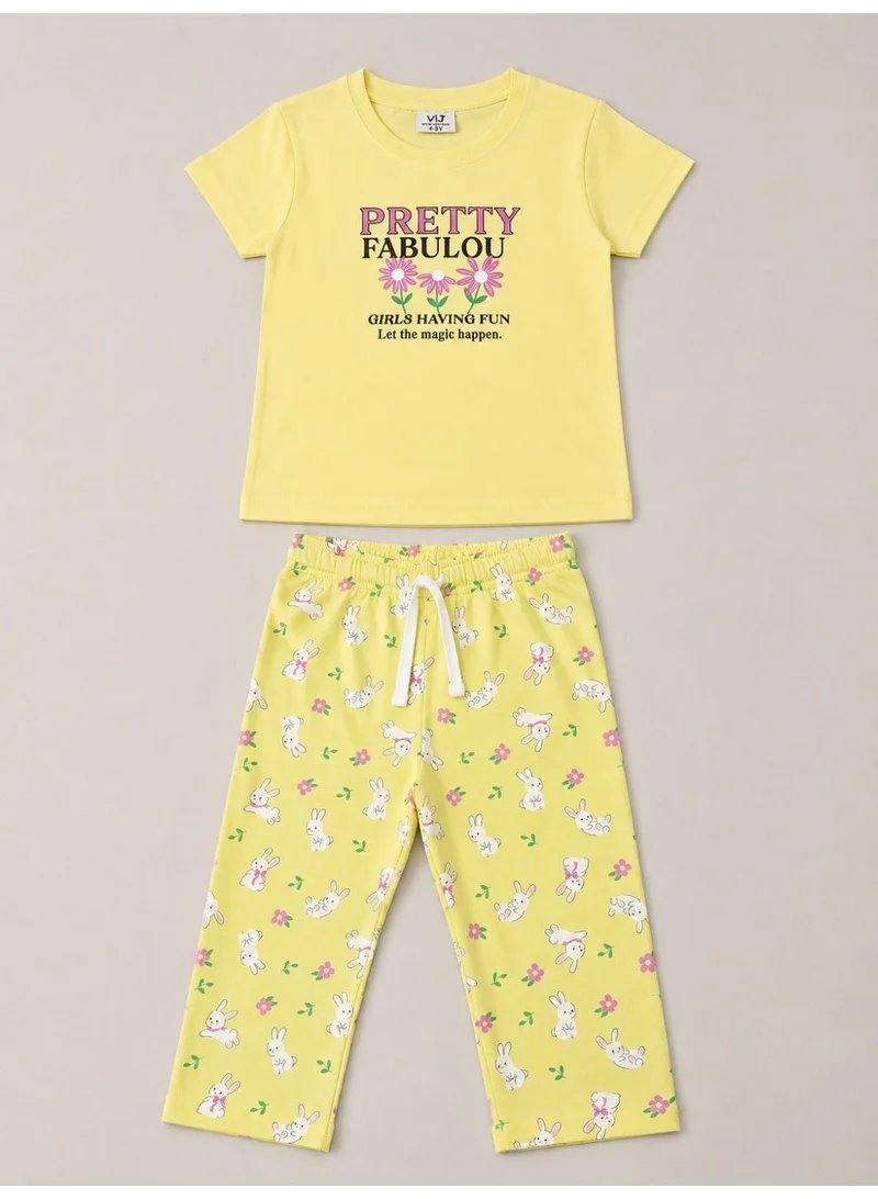 فكتور اند جين Girls "Pretty Fabulou" Print Cotton Pajama Set – T-Shirt & Full Pants Nightwear