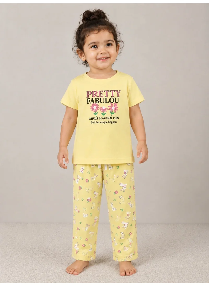 فكتور اند جين Girls "Pretty Fabulou" Print Cotton Pajama Set – T-Shirt & Full Pants Nightwear