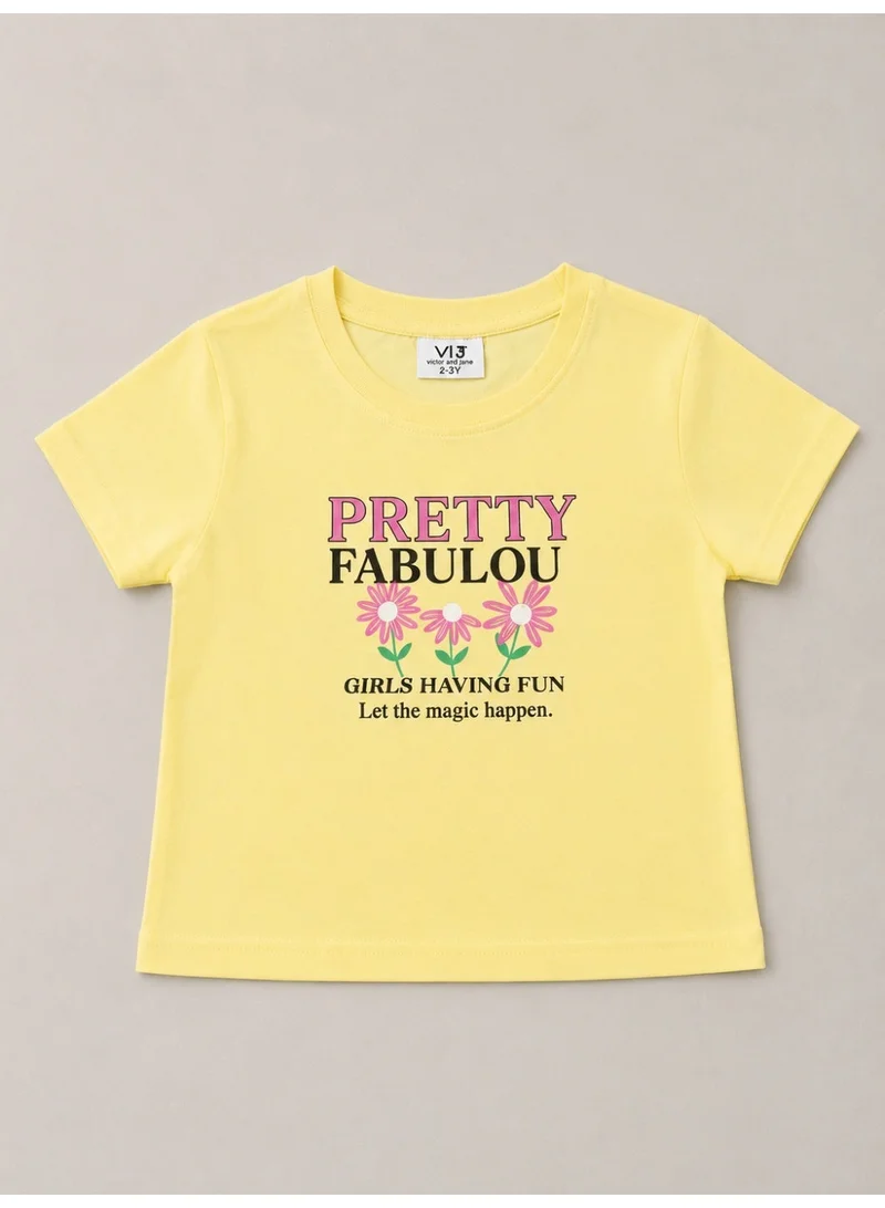 Victor And Jane  Girls "Pretty Fabulou" Print Cotton Pajama Set – T-Shirt & Full Pants Nightwear for Kids | Best Price UAE