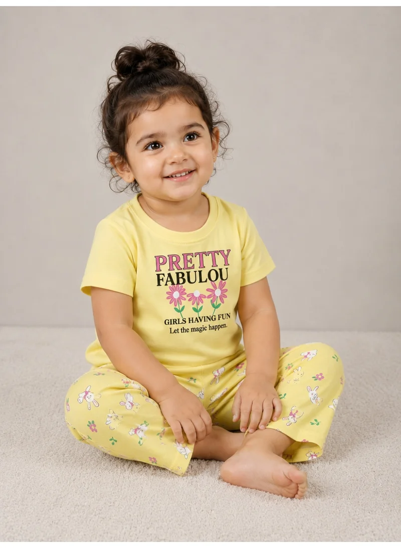 Victor And Jane  Girls "Pretty Fabulou" Print Cotton Pajama Set – T-Shirt & Full Pants Nightwear for Kids | Best Price UAE