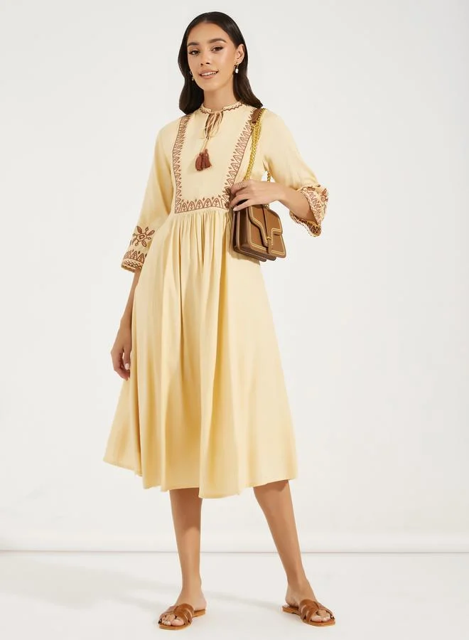Styli Embroidered 3/4th Sleeves A-Line Midi Dress