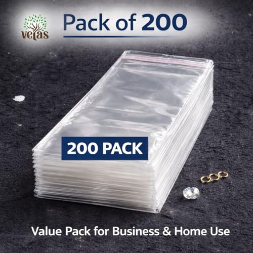 VETAS Clear Polythene Resealable Bags | Self-Adhesive BOPP Plastic Pouches for Jewellery, Small Storage & Packaging |Transparent Plastic Bags, Pack of 200 (4 x 8 inch 10.16 x 20.5 cm) - Image 3