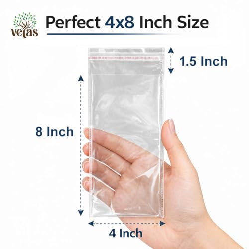 VETAS Clear Polythene Resealable Bags | Self-Adhesive BOPP Plastic Pouches for Jewellery, Small Storage & Packaging |Transparent Plastic Bags, Pack of 200 (4 x 8 inch 10.16 x 20.5 cm) - Image 2