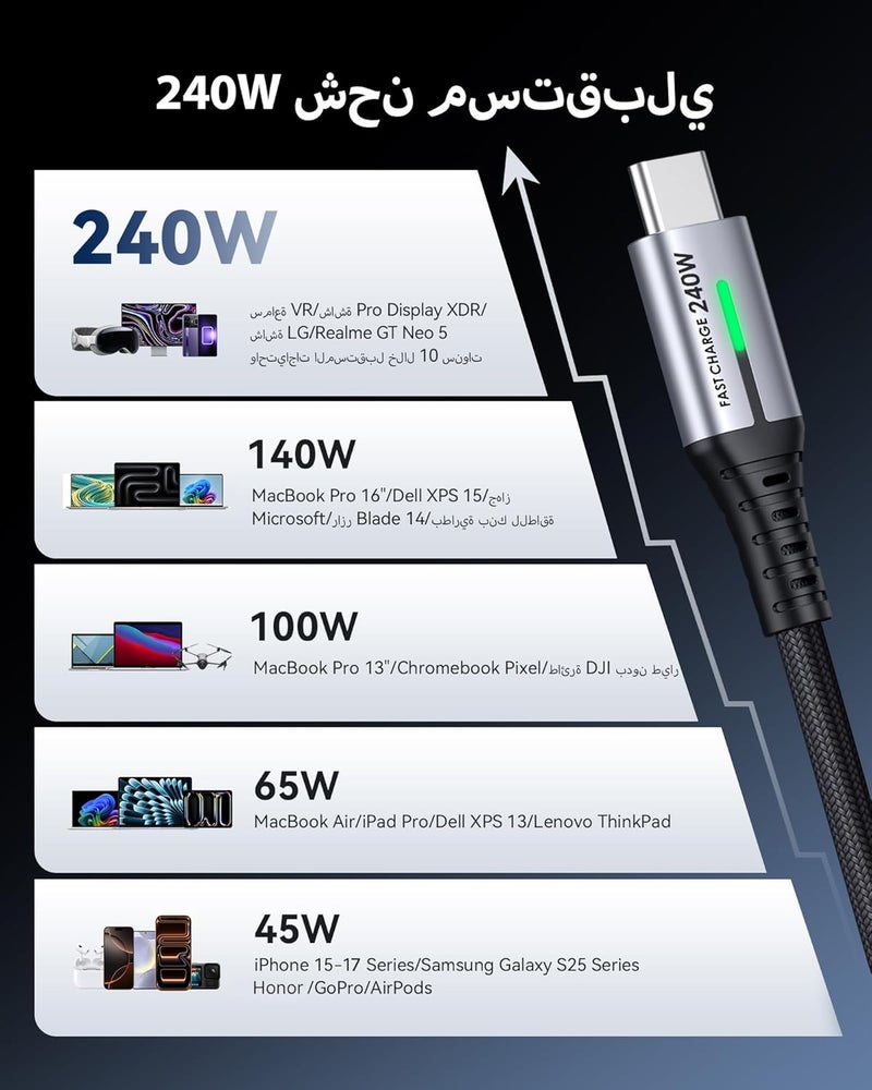 INIU كابل Type C بطول 2 متر، بقدرة 240 واط، كابل شحن مضفر من النايلون، كابل USB C شحن فائق السرعة متوافق مع iPhone 17 16 15 Pro Max وSamsung S25 S24 S23 وNintendo Switch 2 وSteam Deck وأجهزة الكمبيوتر المحمولة وغيرها. - Image 3