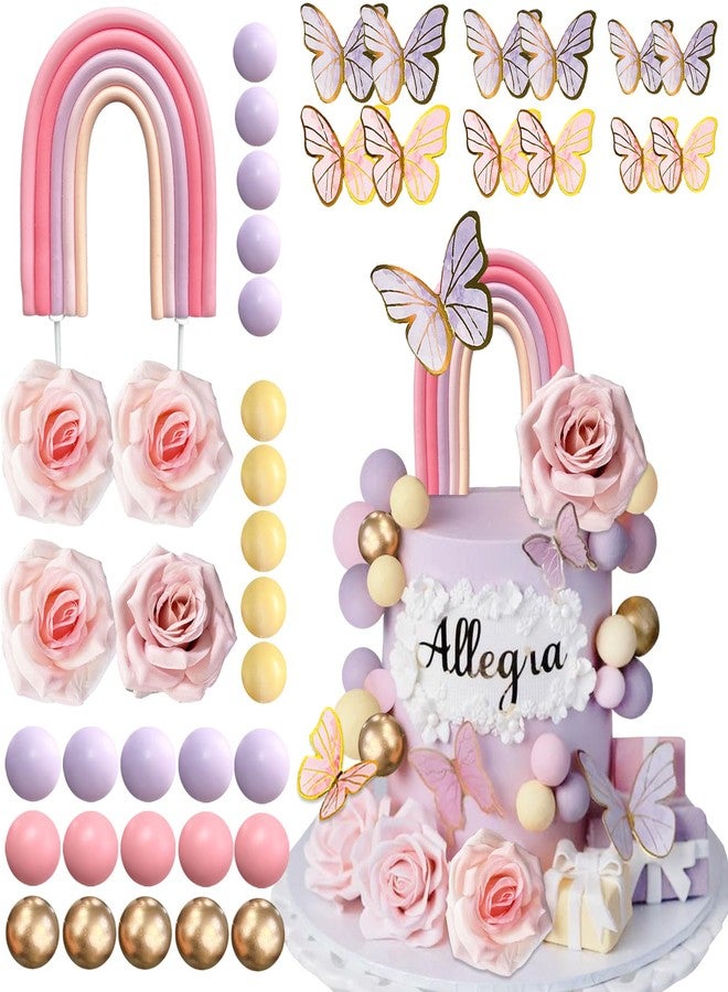 SONICEBUY 52Pcs Rainbow Cake Topper Butterflies Cake Decorations with Colorful Balls Flower Cake Toppers for Women Girls Kids Birthday Baby Shower Wedding Rainbow Flower Butterfly Themed Party Supplies - Image 1