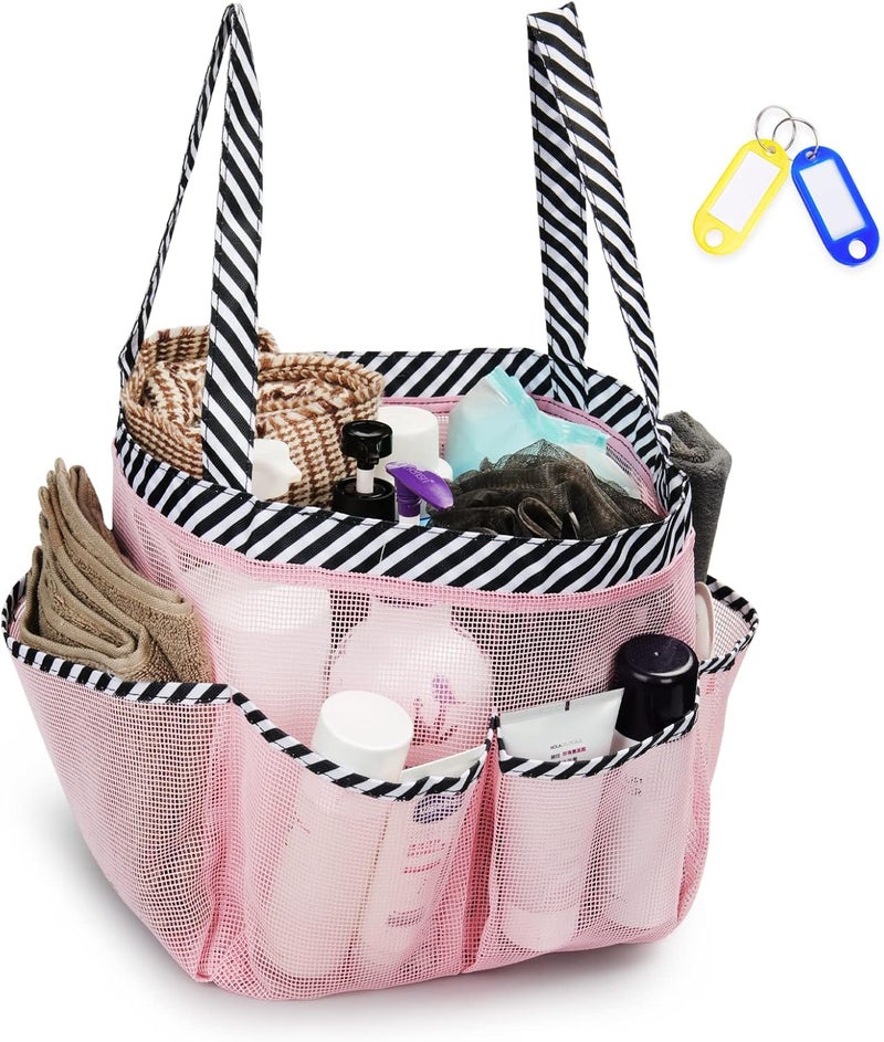 Temede Mesh Shower Caddy Tote, Large Shower Caddy Basket Portable, Quick Dry Hanging Toiletry Bag, 8 Storage Pocket Bath Organizer for College Dorm Room, Gym, Bathroom, Camp, Travel (Pink+Stripes) - Image 1