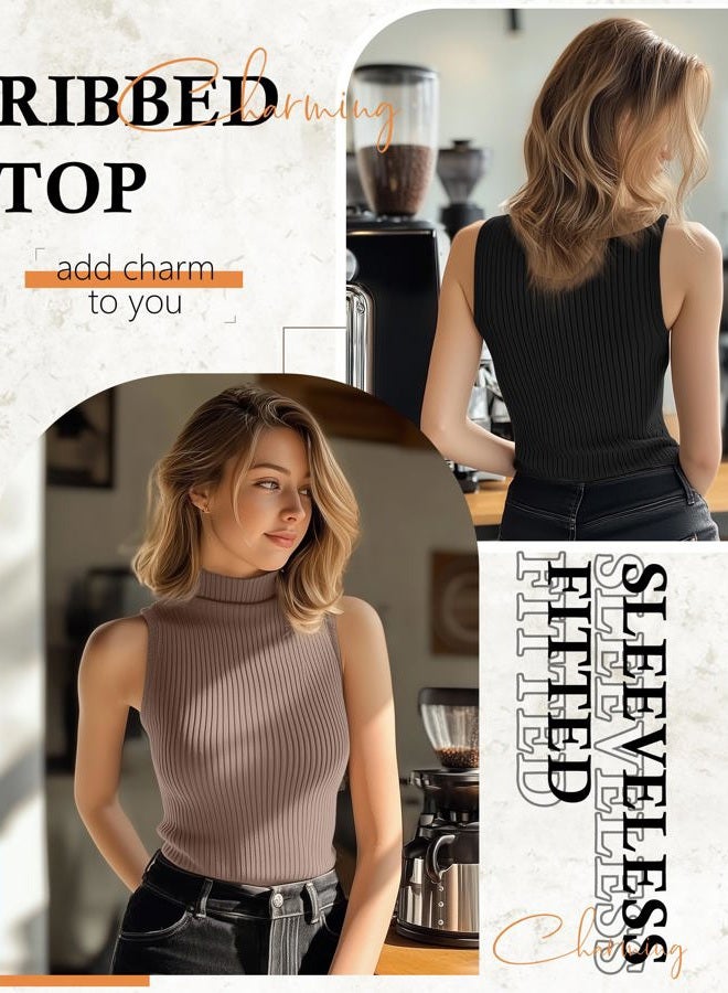 Xaatren 3 Pack Women's Sleeveless Mock Turtlenecks Shirts, Ribbed Stretch Slim Fitted Tank Top Basic Lightweight Bustier Tee, Black, Mint Green, Brown, XL - Image 4