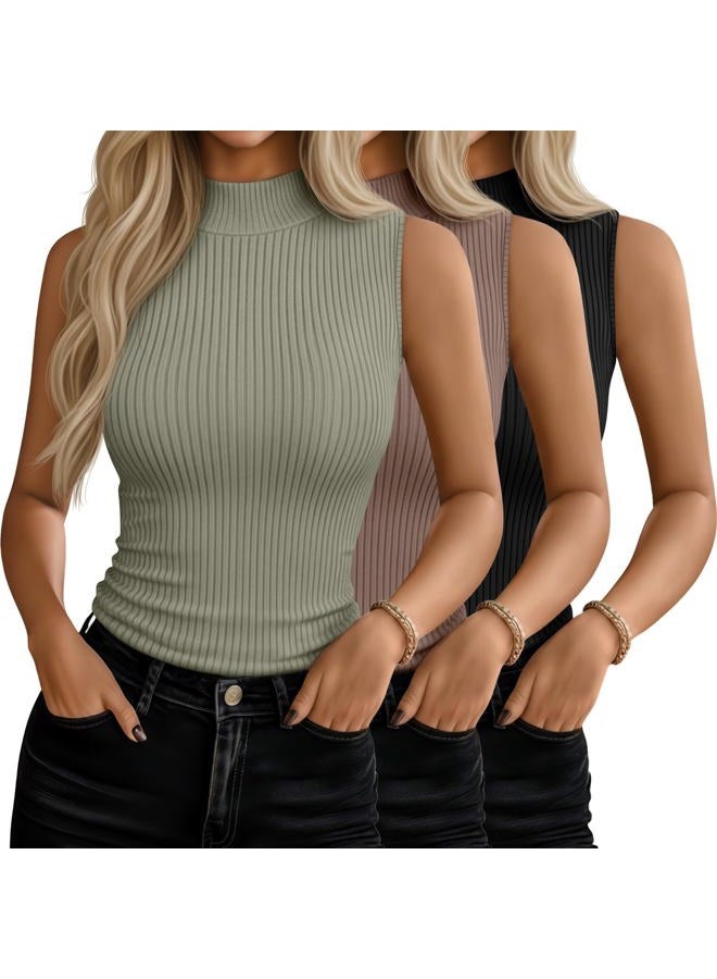 Xaatren 3 Pack Women's Sleeveless Mock Turtlenecks Shirts, Ribbed Stretch Slim Fitted Tank Top Basic Lightweight Bustier Tee, Black, Mint Green, Brown, XL - Image 1