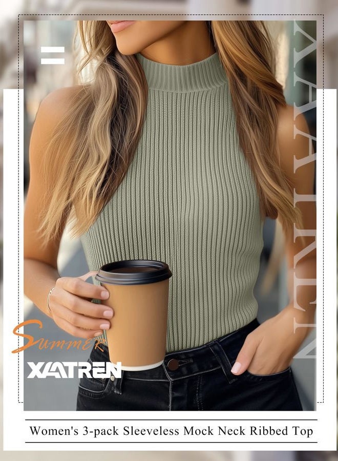Xaatren 3 Pack Women's Sleeveless Mock Turtlenecks Shirts, Ribbed Stretch Slim Fitted Tank Top Basic Lightweight Bustier Tee, Black, Mint Green, Brown, XL - Image 3