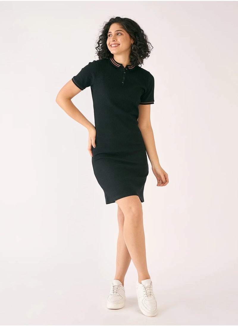 Salt Attire Women's Polo Collar Sheath Dress - Knee-Length, Half Placket, Contrast Trim, Half-Length Sleeves, Polyester Fabric for Comfort and Durability  - Image 4