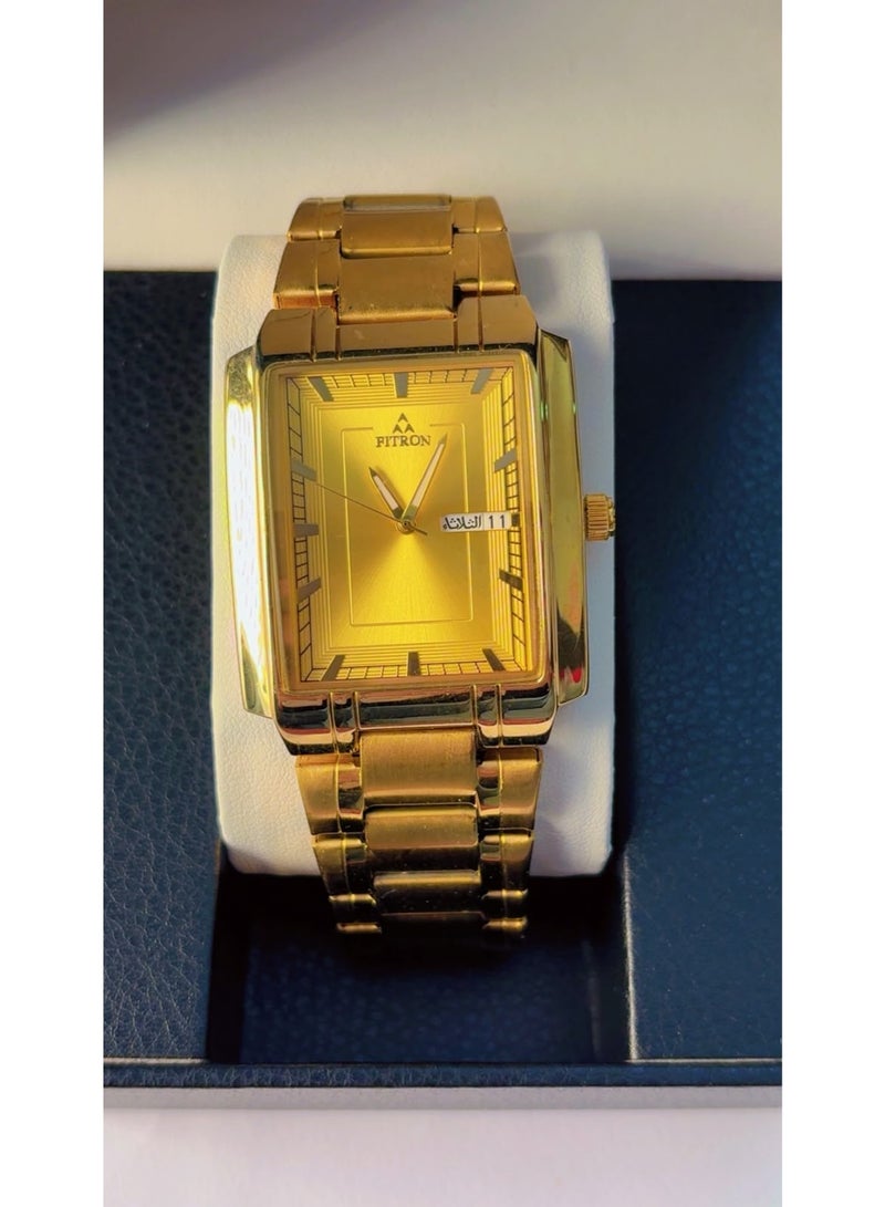 FITRON Men's Gold Tone Stainless Steel Rectangular Quartz Watch (Model No. 8829M) – Classic Gold Dial with Day & Date Display, Japan Movement – Pre-Owned (Like Brand New Condition) - Image 1