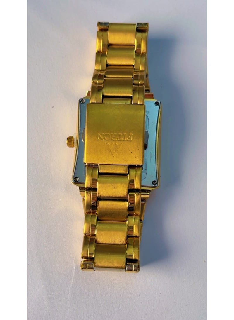 FITRON Men's Gold Tone Stainless Steel Rectangular Quartz Watch (Model No. 8829M) – Classic Gold Dial with Day & Date Display, Japan Movement – Pre-Owned (Like Brand New Condition) - Image 4