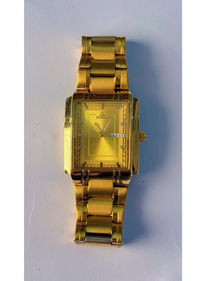 FITRON Men's Gold Tone Stainless Steel Rectangular Quartz Watch (Model No. 8829M) – Classic Gold Dial with Day & Date Display, Japan Movement – Pre-Owned (Like Brand New Condition) - Image 3