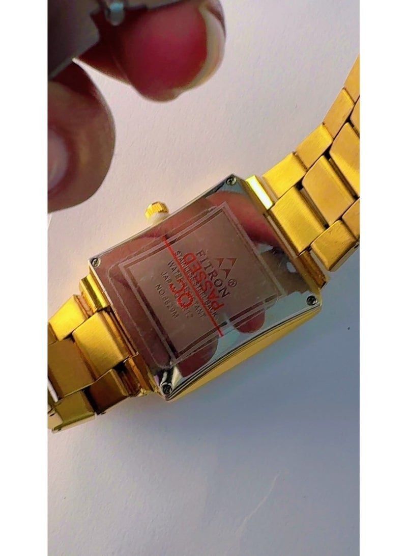 FITRON Men's Gold Tone Stainless Steel Rectangular Quartz Watch (Model No. 8829M) – Classic Gold Dial with Day & Date Display, Japan Movement – Pre-Owned (Like Brand New Condition) - Image 2