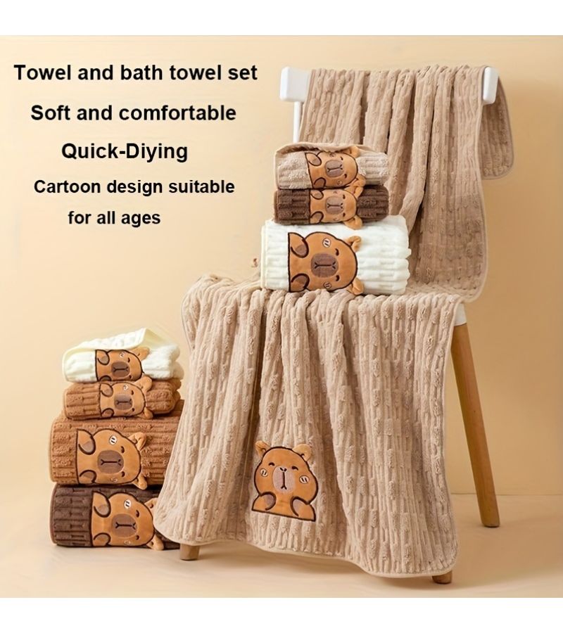 Capybara Face Towel Set Coral Fleece 34x74 Inch And 70x140 Inch Super Soft Quick Dry - Image 1