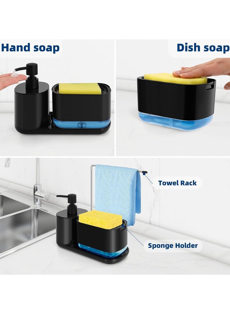Hand and Dish Soap Dispenser Set, Kitchen Soap Dispenser Set with Tray, Sponge Holder and Rag Holder, 4-in-1 Organizer for Kitchen Sink Countertop, Useful Kitchen Gadgets - Black - Image 2