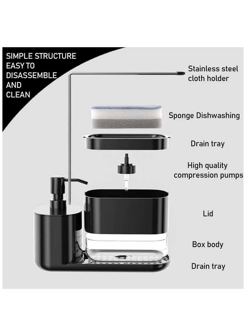 Hand and Dish Soap Dispenser Set, Kitchen Soap Dispenser Set with Tray, Sponge Holder and Rag Holder, 4-in-1 Organizer for Kitchen Sink Countertop, Useful Kitchen Gadgets - Black - Image 3