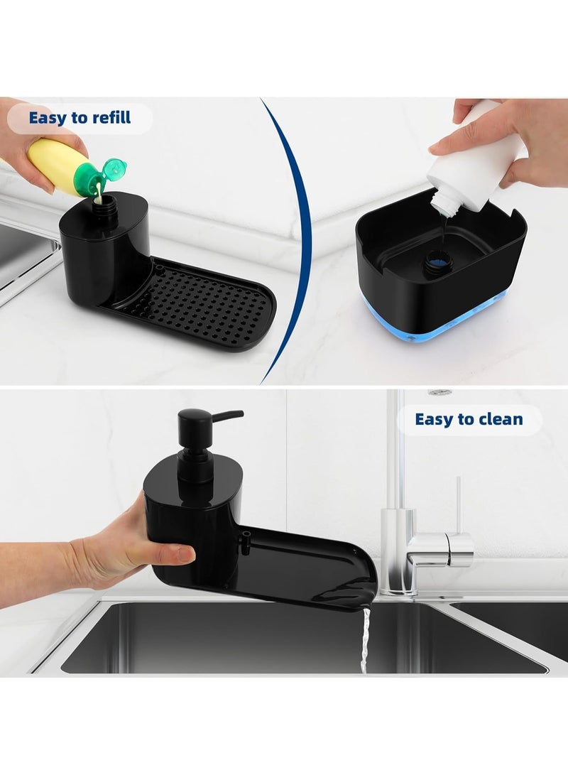 Hand and Dish Soap Dispenser Set, Kitchen Soap Dispenser Set with Tray, Sponge Holder and Rag Holder, 4-in-1 Organizer for Kitchen Sink Countertop, Useful Kitchen Gadgets - Black - Image 4