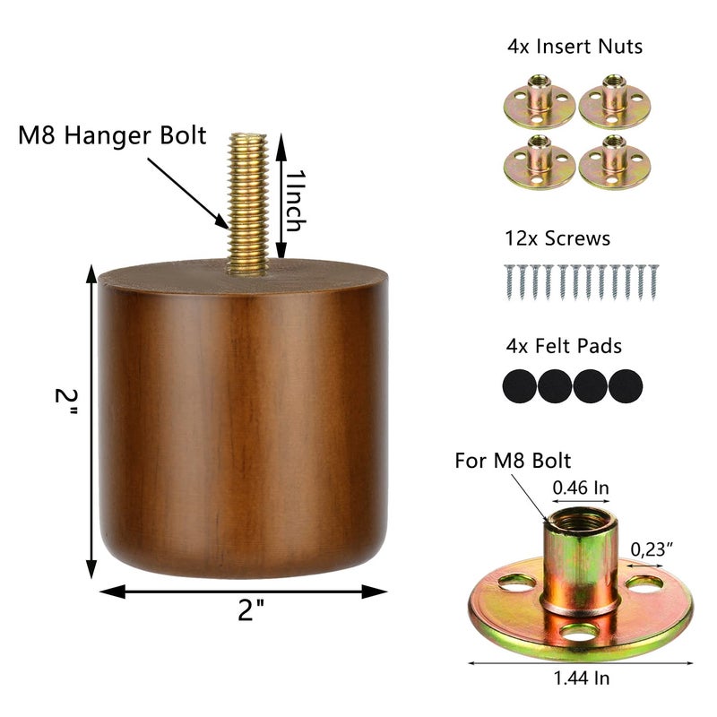 Maricome 2 Inch Wood Furniture Feet Set of 4 Predrilled M8 Bolt Mini Small Replacement Legs for Ottoman Dresser Chair Short Solid Column Modern - Image 4