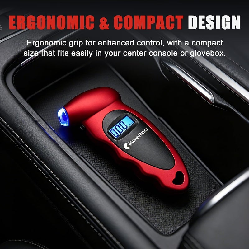 AWELTEC Digital Tire Pressure Gauge 2 Pack,Accurate Air Tire Gauge with Backlit LCD and Non-Slip Grip,Max 150 PSI, 4 Units Settings for Car Truck Motorcycle Bicycle,Red - Image 5