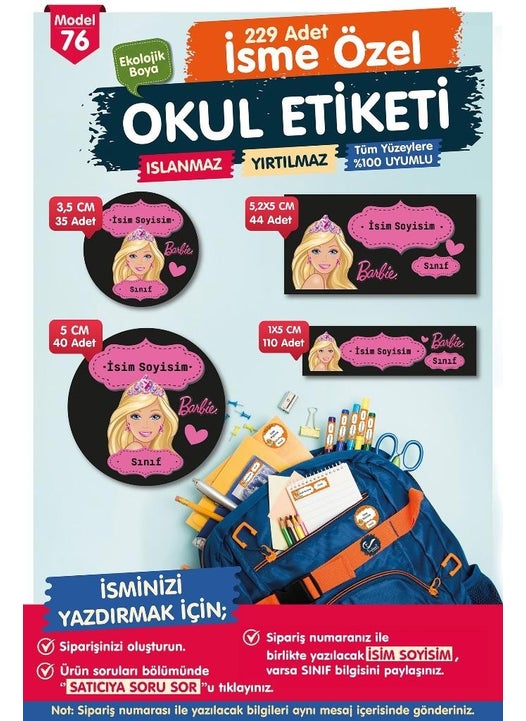 Tuğset Label School Label Barbie Pen Notebook Label Custom Name Label Set - Name ETIKETI-T579-OE76