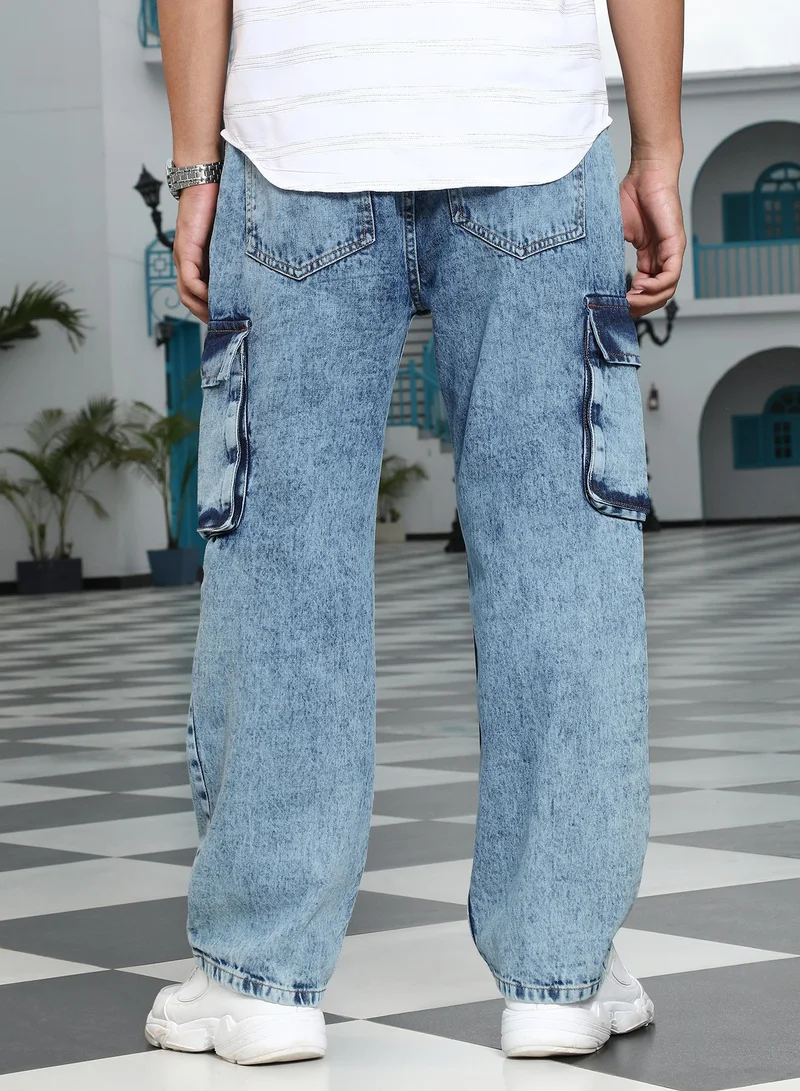 Campus Sutra  Campus Sutra Men's Navy Blue Light-Distressed Utility Denim Jeans | Mid-Rise , Straight Hem , Button Closure , Relaxed-Fit | Solid Denim | Cotton Jeans For Casual Wear for Men | Best Price UAE