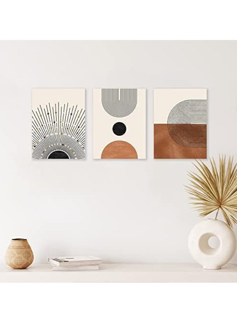 INSIJAM Set Of 3 Canvas Wall Arts Stretched Abstract Boho Wall Art Mid-Century Modern Wall Prints Framed Canvas Wall Art for Living Room Minimalist Neutral Beige Brown Sun Geometry Black Line Artwork Paintings Modern Boho Room Decor Ready - Image 3