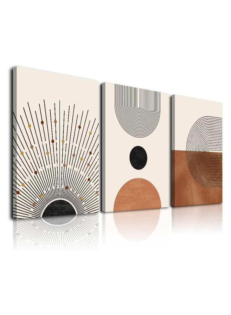 INSIJAM Set Of 3 Canvas Wall Arts Stretched Abstract Boho Wall Art Mid-Century Modern Wall Prints Framed Canvas Wall Art for Living Room Minimalist Neutral Beige Brown Sun Geometry Black Line Artwork Paintings Modern Boho Room Decor Ready - Image 4