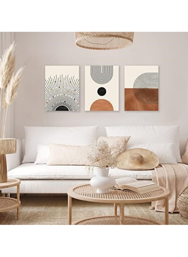 INSIJAM Set Of 3 Canvas Wall Arts Stretched Abstract Boho Wall Art Mid-Century Modern Wall Prints Framed Canvas Wall Art for Living Room Minimalist Neutral Beige Brown Sun Geometry Black Line Artwork Paintings Modern Boho Room Decor Ready - Image 1