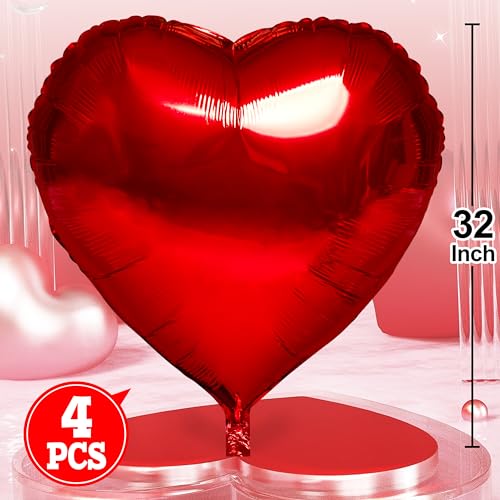 kortes Red Heart Balloons 4Pcs 32inch Foil Heart Balloon Valentine Day Balloons Room Decorations Kit Party Props Decor Love Balloons Red Valentines Day Heart Balloons - Image 5
