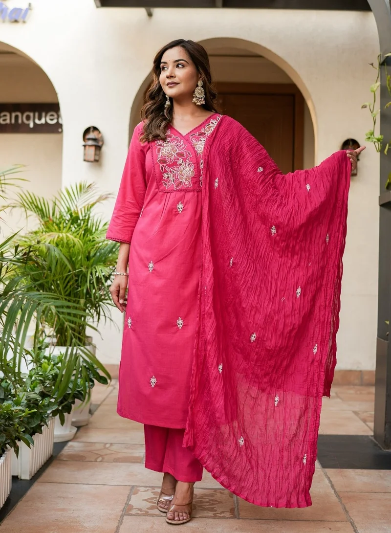 Studio blue Fuchsia Pink Embroidered Three-Piece Set with Dupatta