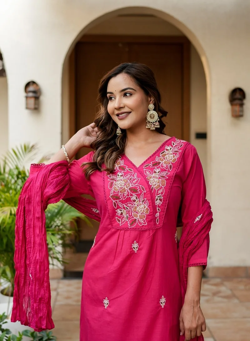 Studio blue Fuchsia Pink Embroidered Three-Piece Set with Dupatta