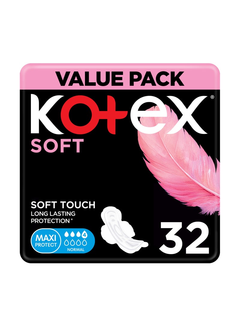 كوتكس فوط كوتكس ماكسي سوفت الحماية السميكة، فوط بالأجنحة حجم عادي 32 قِطَع - Image 1