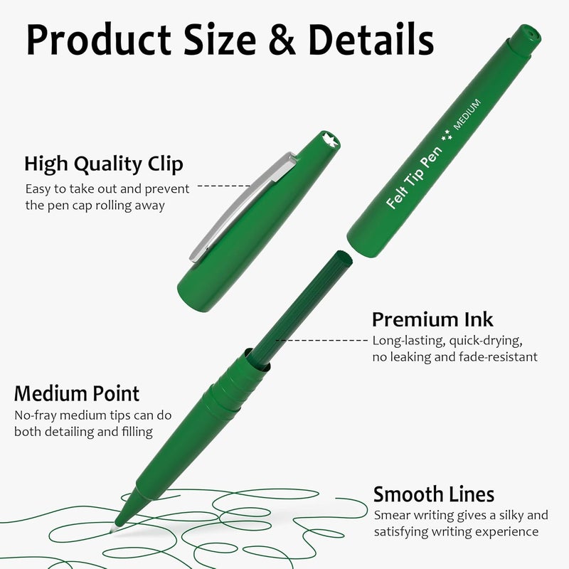 Lelix Felt Tip Pens, 40 Green Pack, 0.7mm Medium Point, Felt Tip Markers Pens for Journaling, Writing, Note Taking, Planner, Perfect for School Office and Art Supplies - Image 3