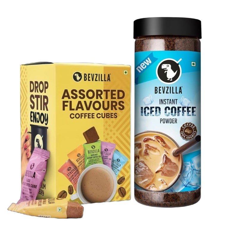Bevzilla 200 Gram Instant Iced Coffee Powder|Cold Coffee+10 Instant Coffee Cubes with Date Palm Jaggery, 5 Flavours, 100% Arabica, No Sugar, No Preservatives Best for Espresso, Latte & Cappuccino - Image 1