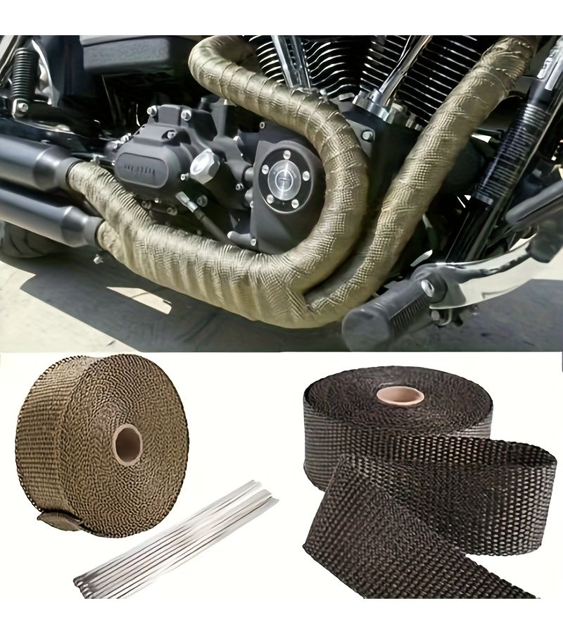 Pipe Insulation Tape Black 196.85 Inch Length 1.97 Inch Width Heat Resistant 1200 Degrees Celsius For Metal Exhaust Pipes Wrapping With 6 Piece Stainless Steel Cable Ties - Image 2