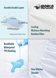 Eworld Waterproof Fitted Mattress Protector with Deep Pocket Featuring Absorbent Cotton Terry Surface, 200x200x30cm, 180x20x30cm, 160x200x30cm, 150x200x30cm, 120x200x30cm, 100x200x30cm  - Image 5