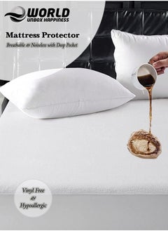 Eworld Waterproof Fitted Mattress Protector with Deep Pocket Featuring Absorbent Cotton Terry Surface, 200x200x30cm, 180x20x30cm, 160x200x30cm, 150x200x30cm, 120x200x30cm, 100x200x30cm  - Image 1