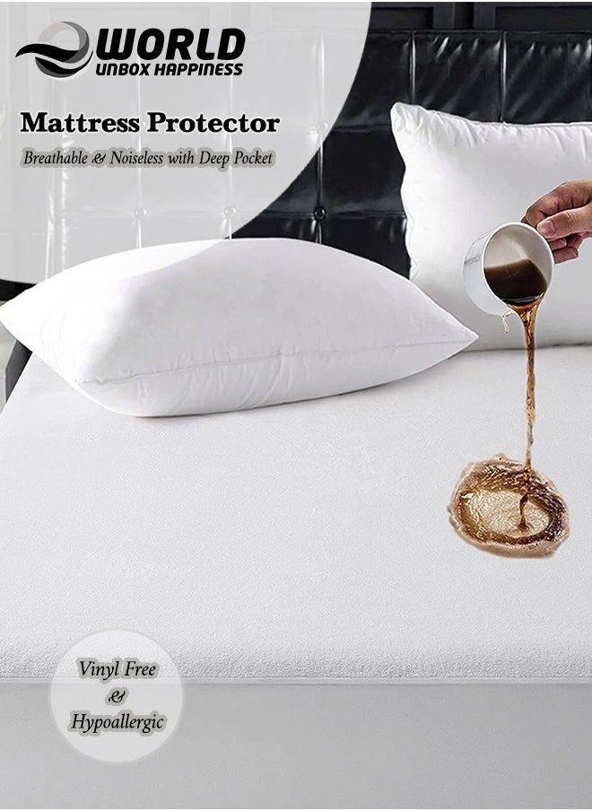 Eworld Waterproof Fitted Mattress Protector with Deep Pocket Featuring Absorbent Cotton Terry Surface, 200x200x30cm, 180x20x30cm, 160x200x30cm, 150x200x30cm, 120x200x30cm, 100x200x30cm  - Image 1
