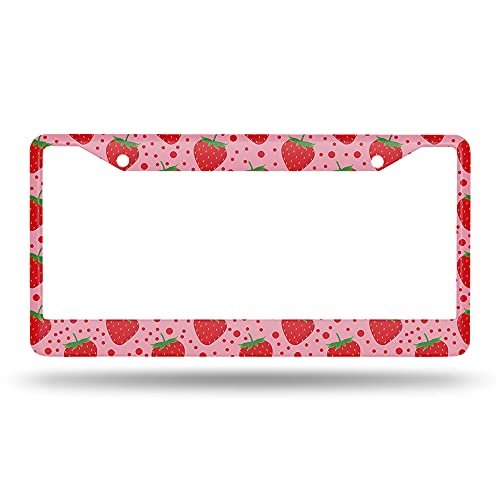 Beabes Cute Strawberry Pattern Fruit Pink License Plate Holder Polka Dots Red Frame License Plate Car Accessories 2 Holes Novelty Auto Car Tag Vanity Present - Image 2