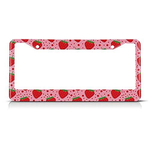 Beabes Cute Strawberry Pattern Fruit Pink License Plate Holder Polka Dots Red Frame License Plate Car Accessories 2 Holes Novelty Auto Car Tag Vanity Present - Image 1