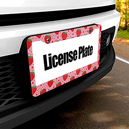 Beabes Cute Strawberry Pattern Fruit Pink License Plate Holder Polka Dots Red Frame License Plate Car Accessories 2 Holes Novelty Auto Car Tag Vanity Present - Image 5