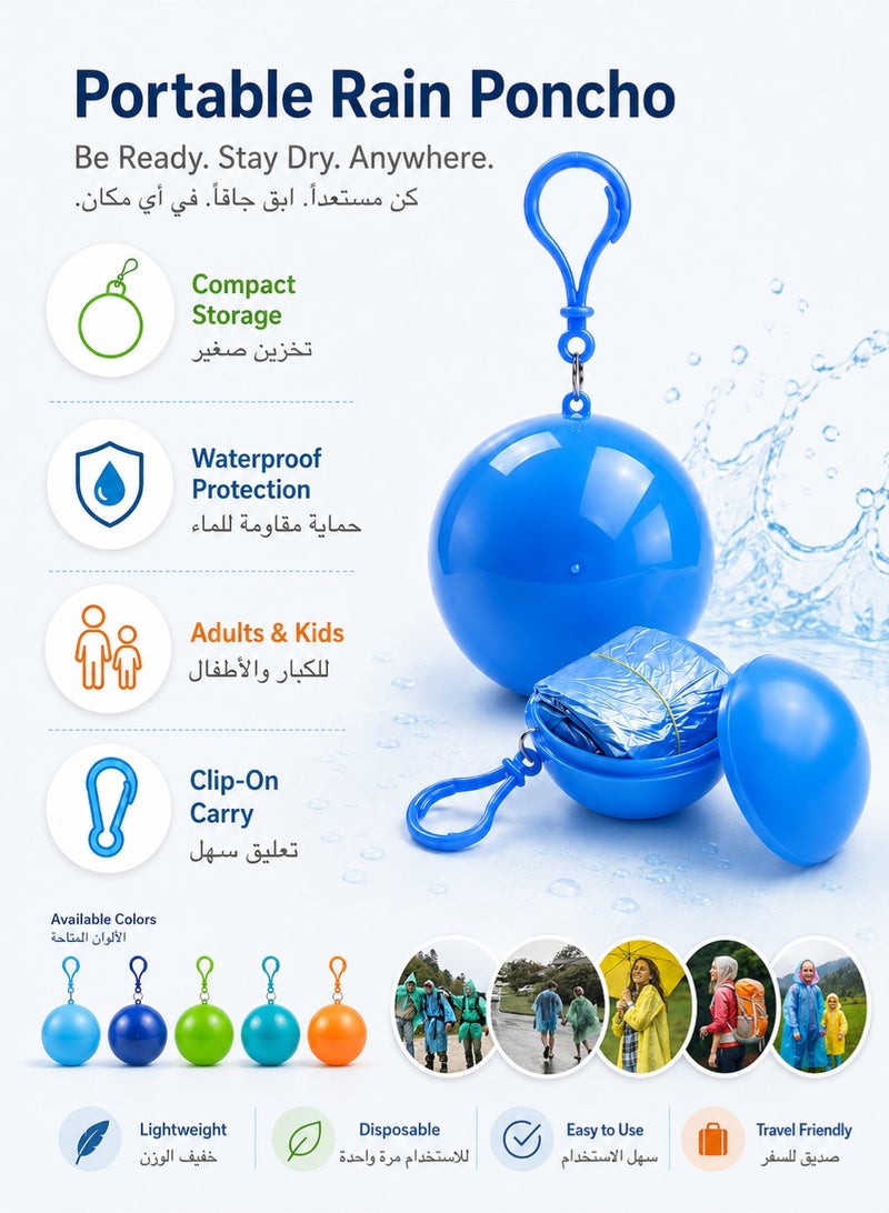 4 قطع من معاطف المطر المحمولة للاستعمال مرة واحدة داخل كرات ميدالية مفاتيح، معاطف طوارئ مدمجة مقاومة للماء بغطاء رأس للرجال والنساء والأطفال، مناسبة للسفر والتخييم والمشي لمسافات طويلة وركوب الدراجات والأنشطة الخارجية، بألوان عشوائية - Image 4