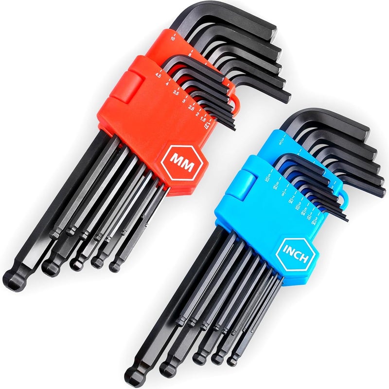26-Piece Premium Ball End Hex Key Allen Wrench Set | SAE 3/64-3/8 inch | Metric 1.27-10 mm | Chrome Vanadium Steel, Precise and Chamfered Tips | Ball-End Design for Easy Entry with Angle