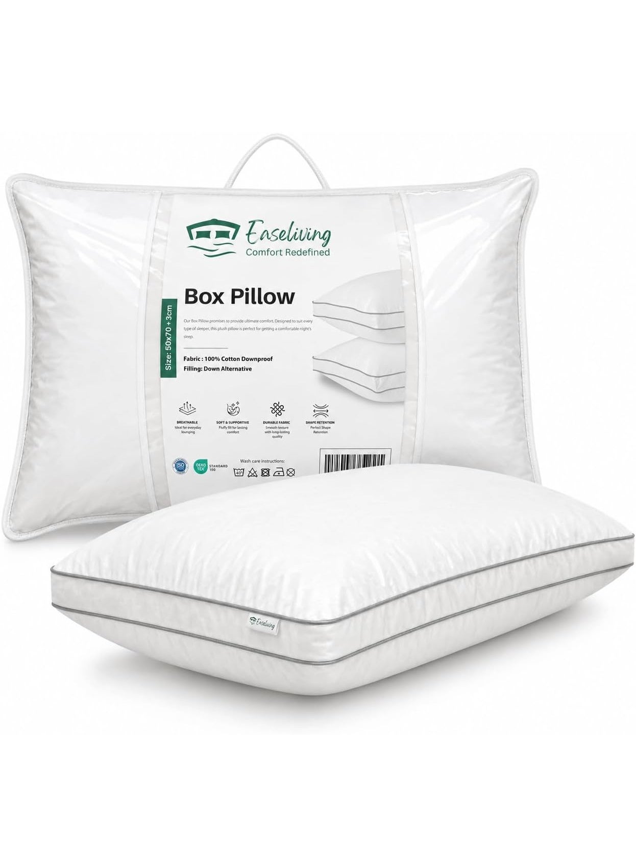 Easeliving Box Pillow 50x70 cm – Soft & Supportive Down Alternative Fill, Breathable 100% Cotton Cover, Durable & Shape-Retaining, Ideal for All Sleepers