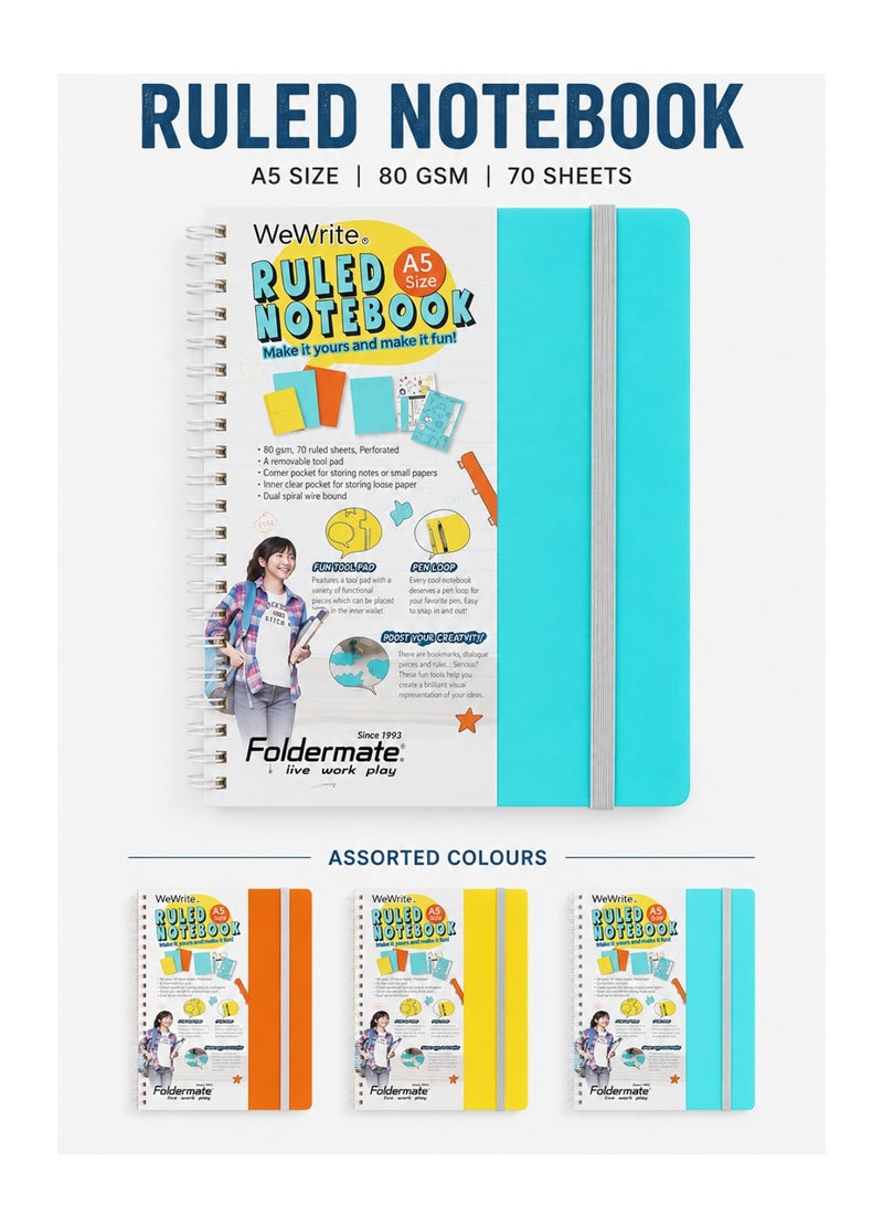 Foldermate 1-Piece A5 Size Spiral Lined Notebook 70 Sheets Assorted Colours - Image 1