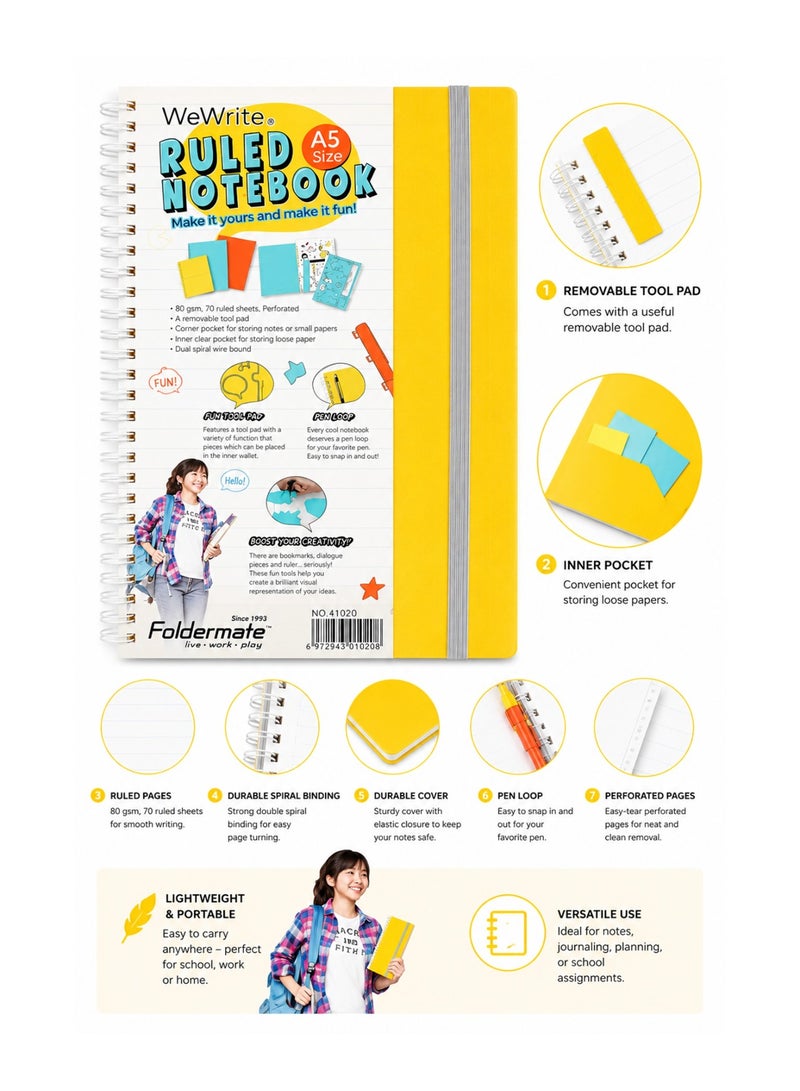 Foldermate 1-Piece A5 Size Spiral Lined Notebook 70 Sheets Assorted Colours - Image 2