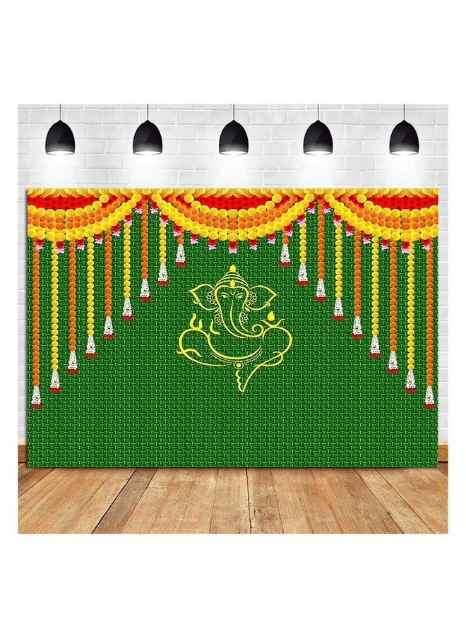 Qian Indian Carnival Photography Backdrop 7X5Ft Green Chatiya Ganesh Background Mehndi Diwali Festival Marigold Puja Ganpati Wedding Photo Tapestry Booth Props Supplies  - Image 1