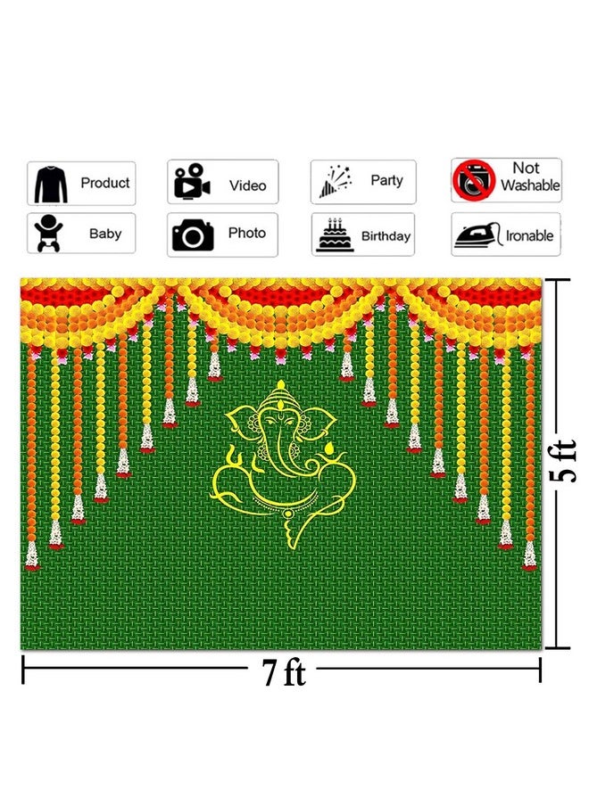 Qian Indian Carnival Photography Backdrop 7X5Ft Green Chatiya Ganesh Background Mehndi Diwali Festival Marigold Puja Ganpati Wedding Photo Tapestry Booth Props Supplies  - Image 4