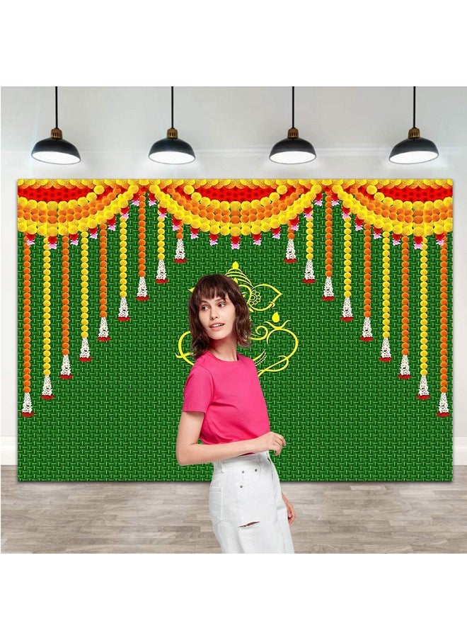 Qian Indian Carnival Photography Backdrop 7X5Ft Green Chatiya Ganesh Background Mehndi Diwali Festival Marigold Puja Ganpati Wedding Photo Tapestry Booth Props Supplies  - Image 2